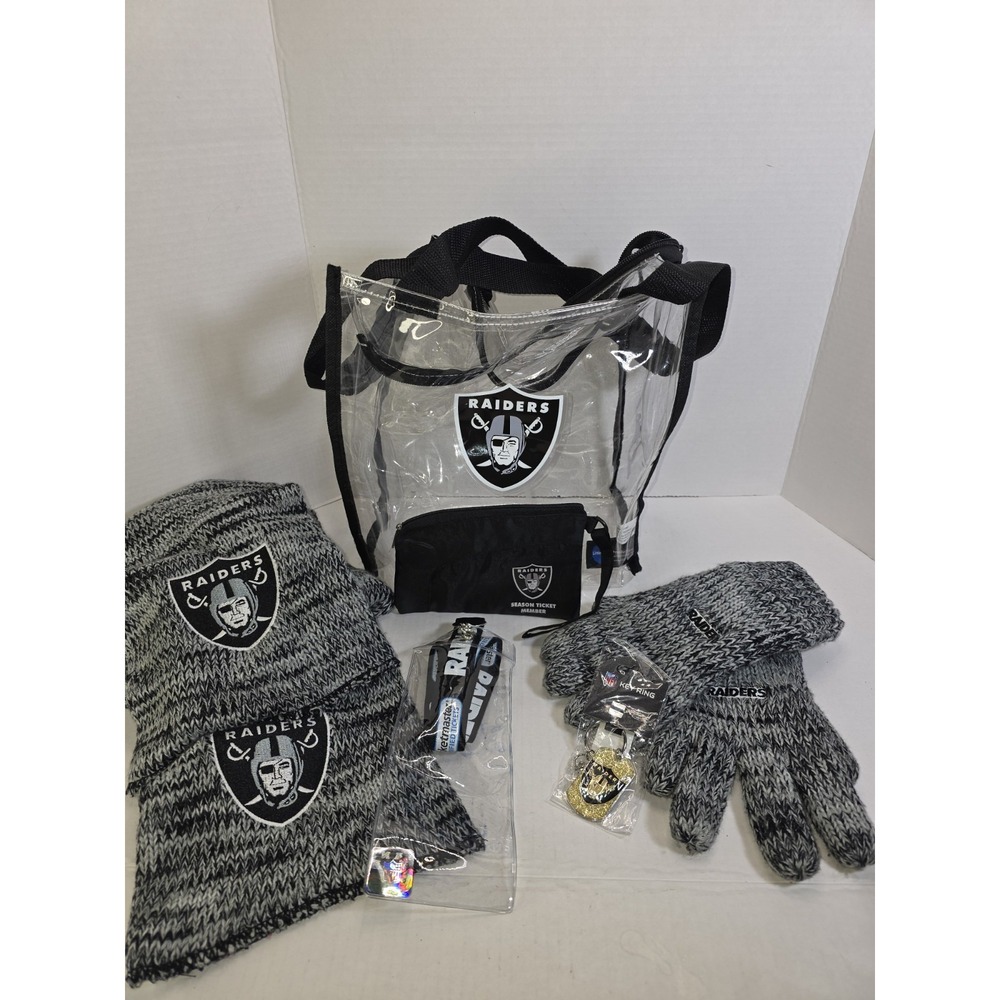 NFL Raiders Clear Tote Bag Scarf Gloves Lanyard Keychain Ticket Pouch 7 Items